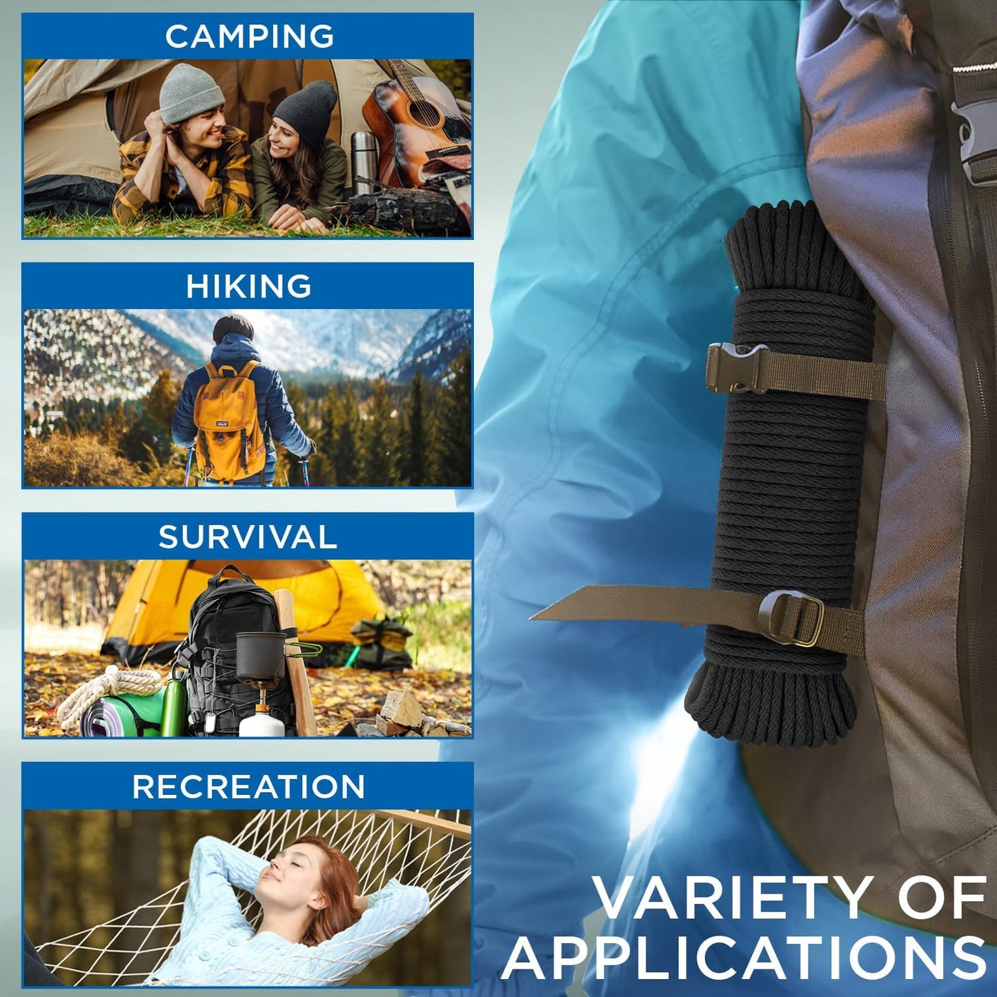 TECEUM 500lb Cotton Rope 3/16” (5 mm) – 50 FT | 100 FT – Strong All-Purpose Braided Rope – Natural Cotton – for Crafting, Сamping, Clothes Line, DIY, Indoor & Outdoor Use – Black