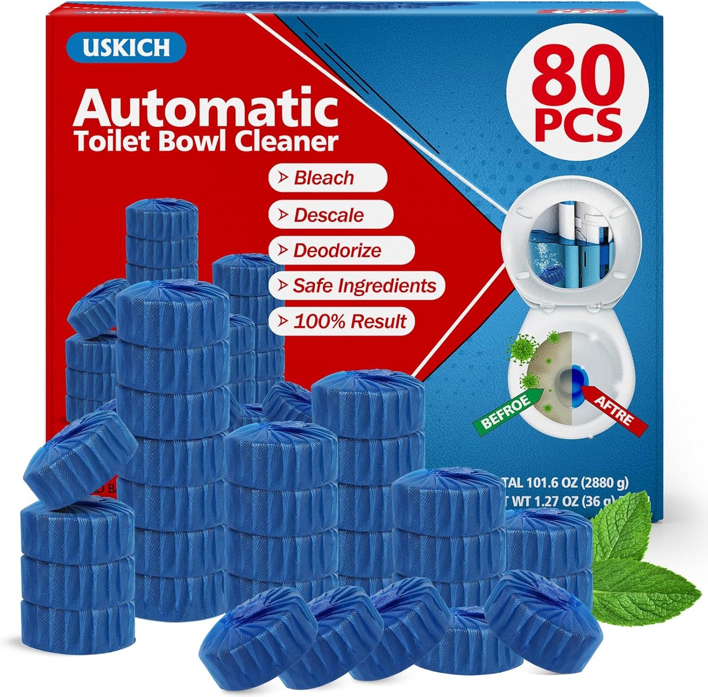 USKICH 80 Pack Toilet Bowl Cleaner Tablets,Blue Automatic Toilet Tank Cleaners, Long-Lasting Household Toilet Cleaners,Toilet flush Cleaning & Deodorizer