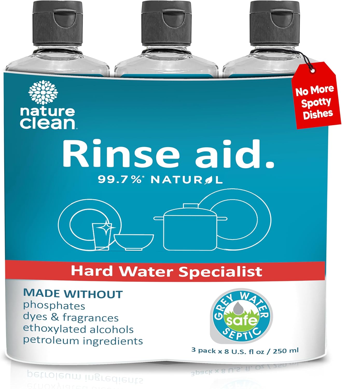 Nature Clean All Natural Dishwasher Rinse Aid Cleaner, Liquid Dishwasher Rinse Agent for Spot-Free Glass & Cutlery in Hard Water, Non Toxic Dish Washer Rinse Aid & Stain Remover, 8 oz/250ml, Pack of 3