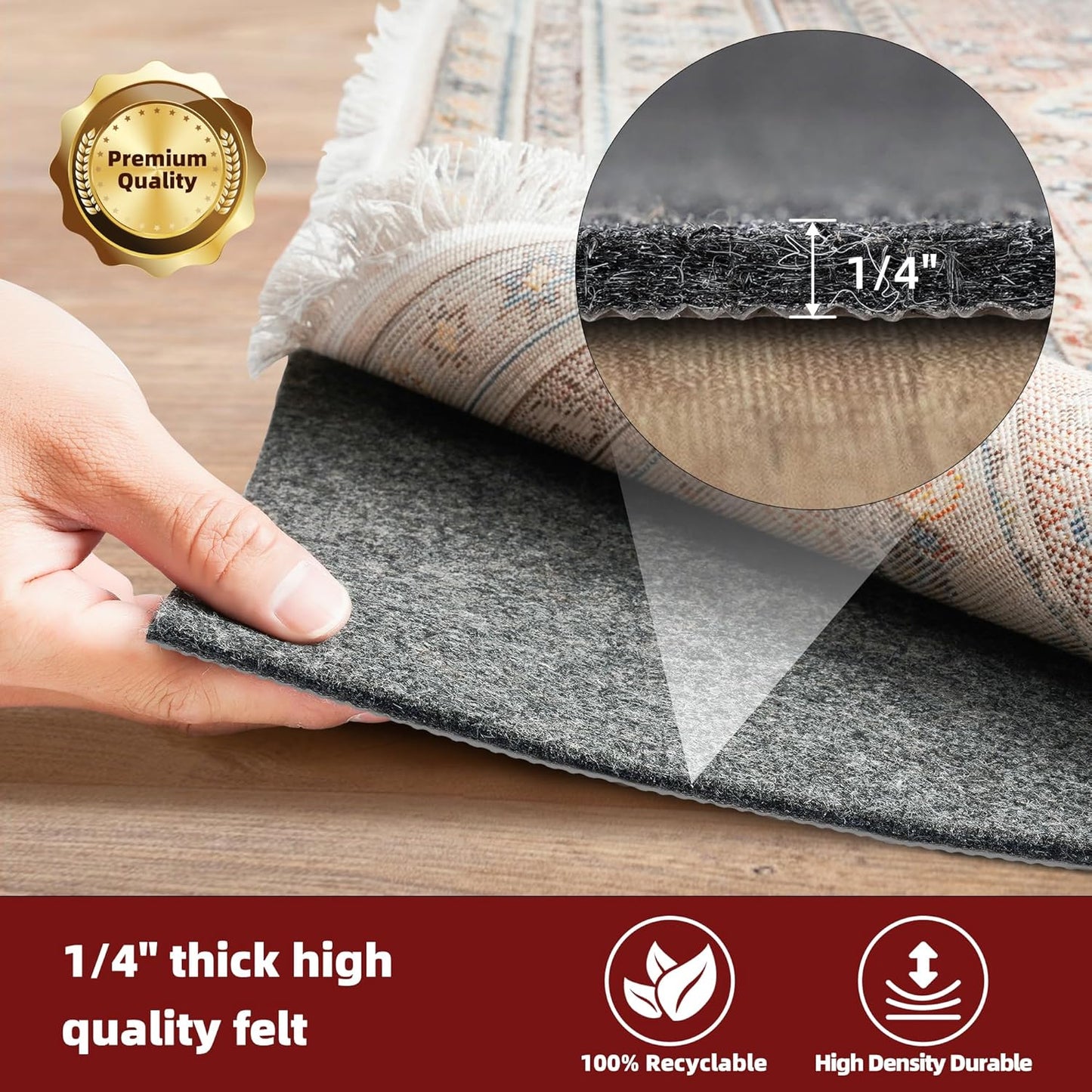 BAGAIL Felt and Natural Rubber Backing Rug Pads 1/4” Thick, 5 x 8 Ft Non Slip Carpet Gripper Keep Rugs in Place, Under Area Rug Protective Cushioned Pads, Carpet Runners, Hardwood Floors Protection