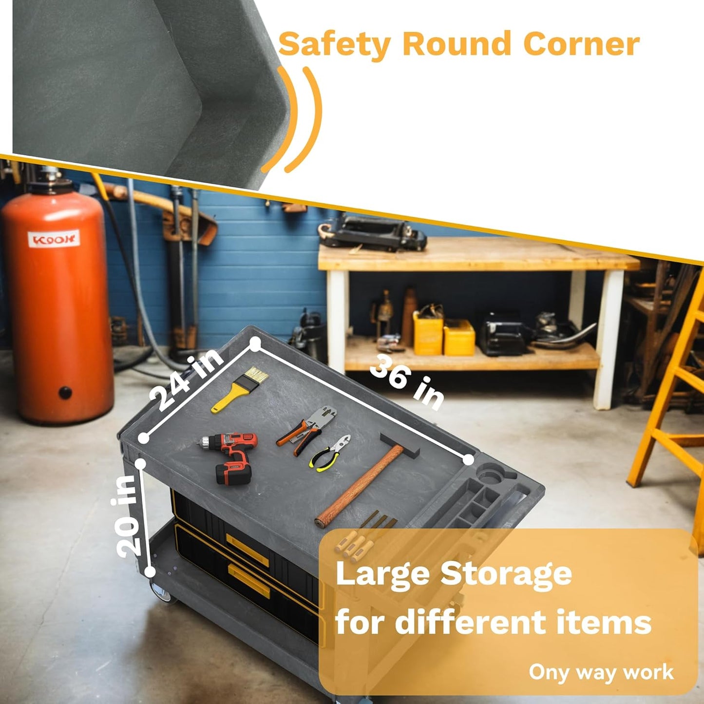 DWVO Service Utility Cart on Wheels, 45 X 25 in 550 LBS Heavy Duty Rolling Cart Plastic Work Cart for Warehouse Garage School & Office Cleaning