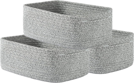 Small Woven Basket, 12 x 8 x 4.5 Inches, Storage Basket for Organizing, Cute Small Rope Shelf Closet Cube Storage Bins Baskets for Shelves, Dog Toy Gift Baskets Empty, 3 Packs, Mixed Grey