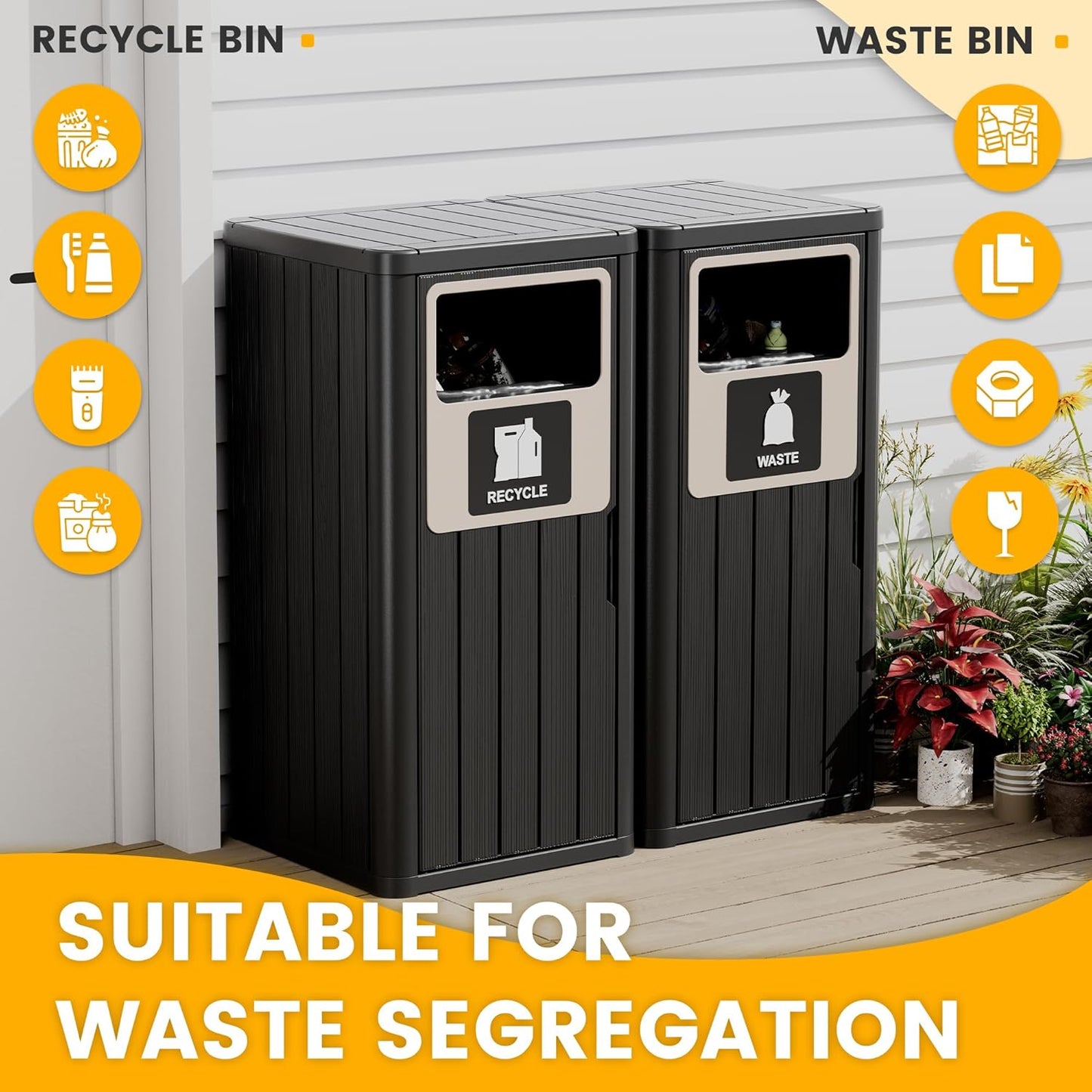 Outdoor Trash Can, Waterproof Resin Garbage Can Indoor and Outdoor Use, Durable & Weather-Resistant Commercial Garbage Can, Outside Trash Bin for Patio, Kitchen