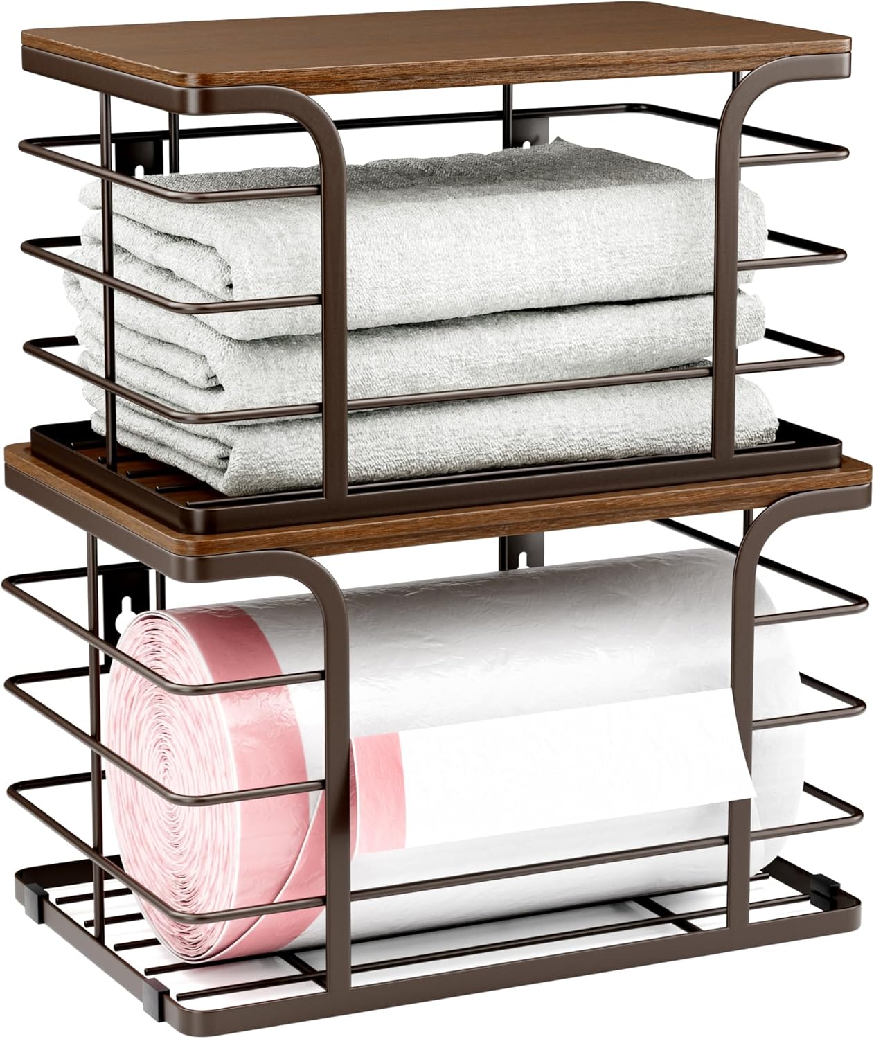 2 Pack Extra Large Pantry Baskets with Bamboo Top,Stainless Steel Trash Bag Dispenser for Kitchen Sink and Laundry Room Organization,Brown