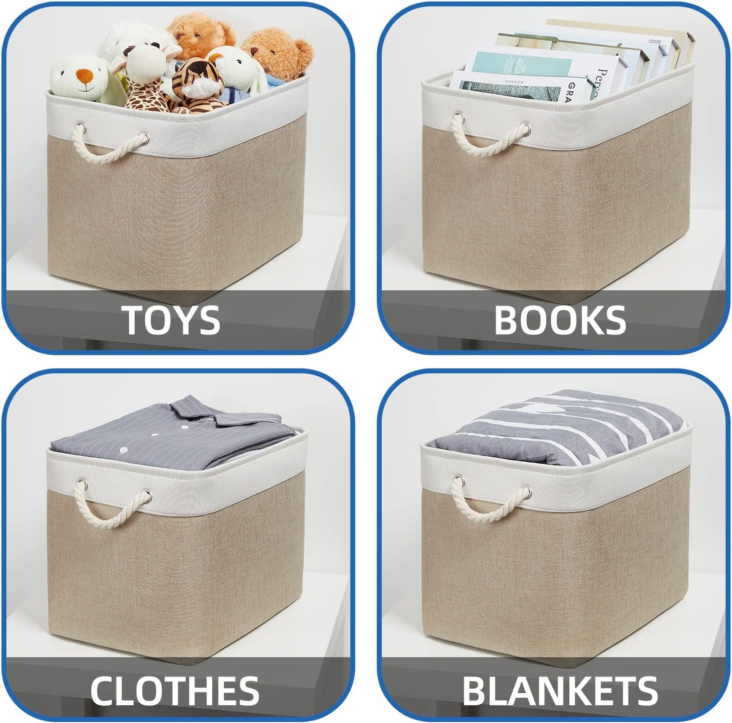 Temary Fabric Storage Baskets 2 Pack Decorative Storage Bins Basket for Gifts Empty Shelf Baskets with Handles for Organizing Home Closet, Towels (White&Khaki,16Lx12Wx12H Inches)