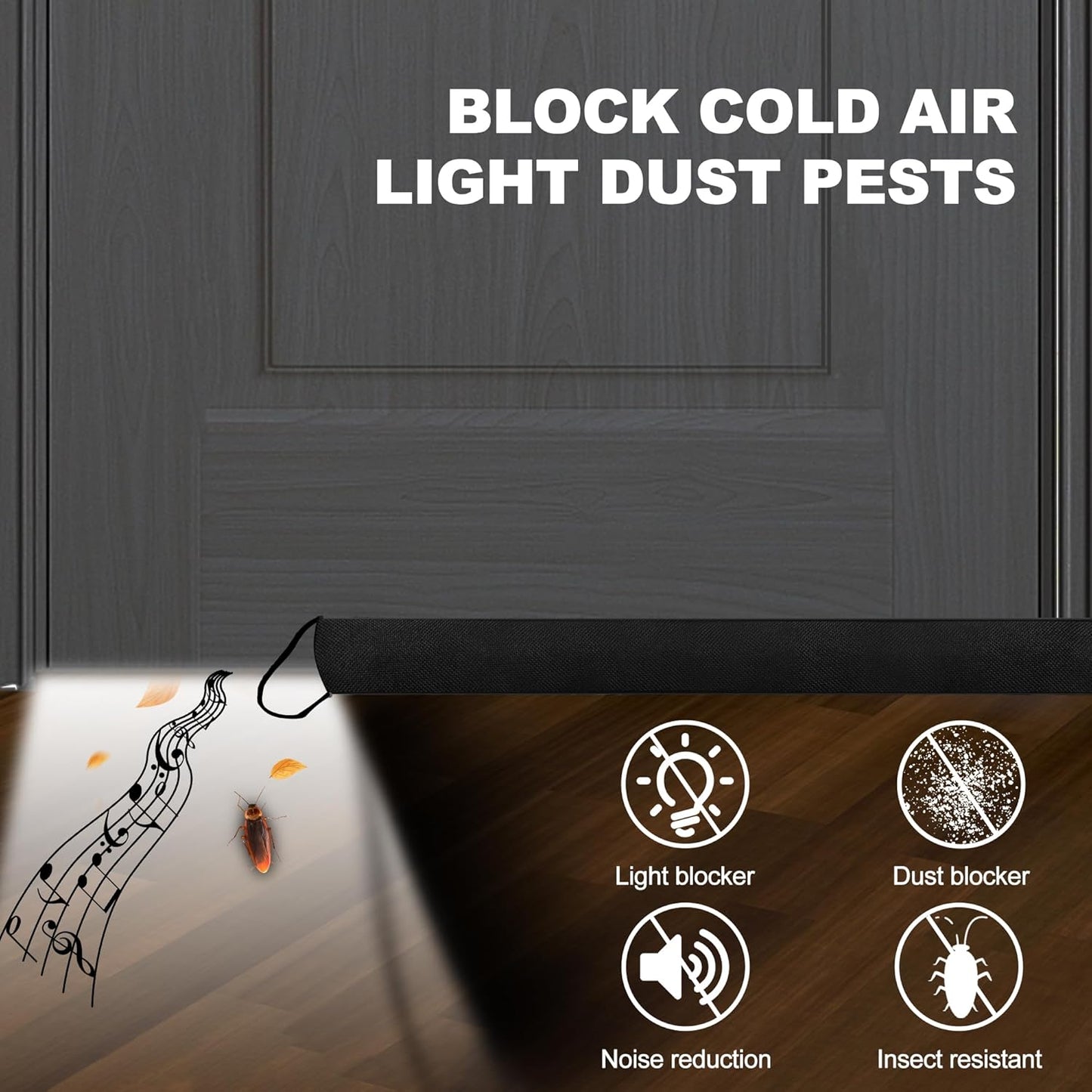 QUOLIX Triangle Under-Door Draft Stopper, 38" Noise Blocker, Weighted Weather Stripping, Gray Cotton & Polyester, Multi-Function Noise & Light Blocker, Black