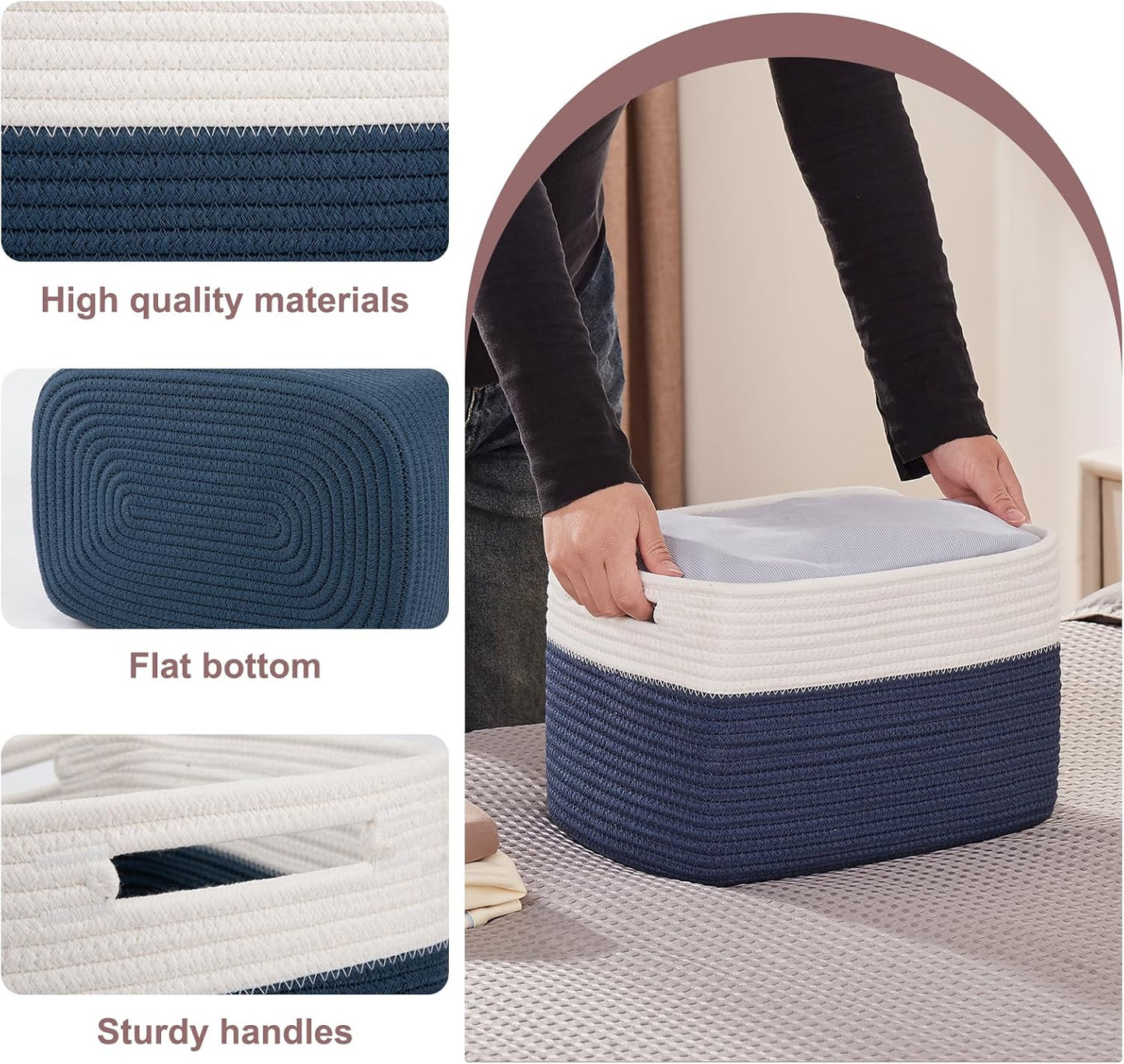 OIAHOMY 4 Pack Storage Baskets for Organizing, Basket for Shelves with Handle, Woven Baskets for Storage Toys, Towels, Books, Cotton Rope Basket 13" L x 9 " W x 7.8 " H, Blue & White