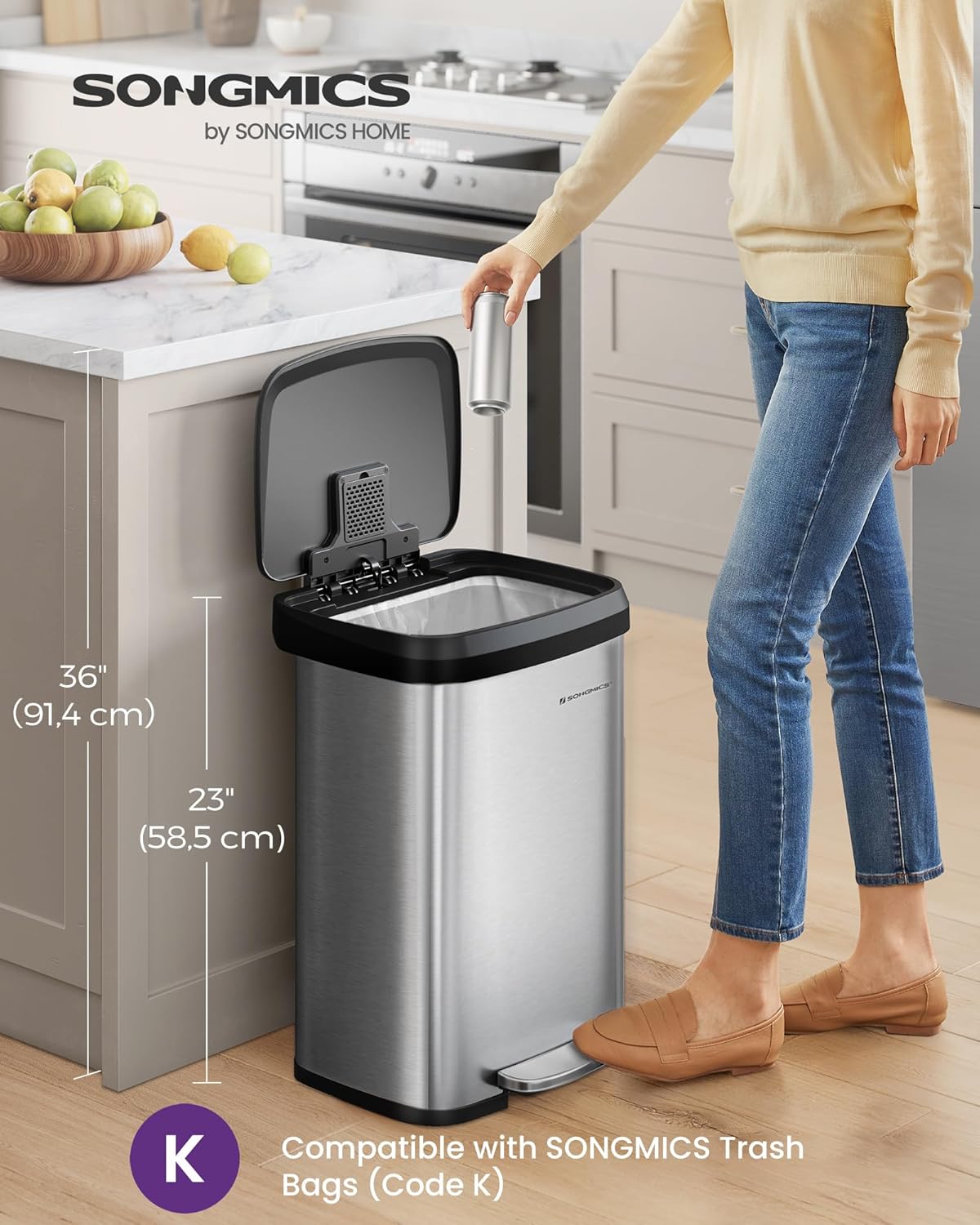 SONGMICS Kitchen Trash Can, 13 Gallon (50 L) Stainless Steel Garbage Can, with Stay-Open Lid and Step-on Pedal, Soft Closure, Tall, Large and Space-Saving, Silver and Black ULTB530E50