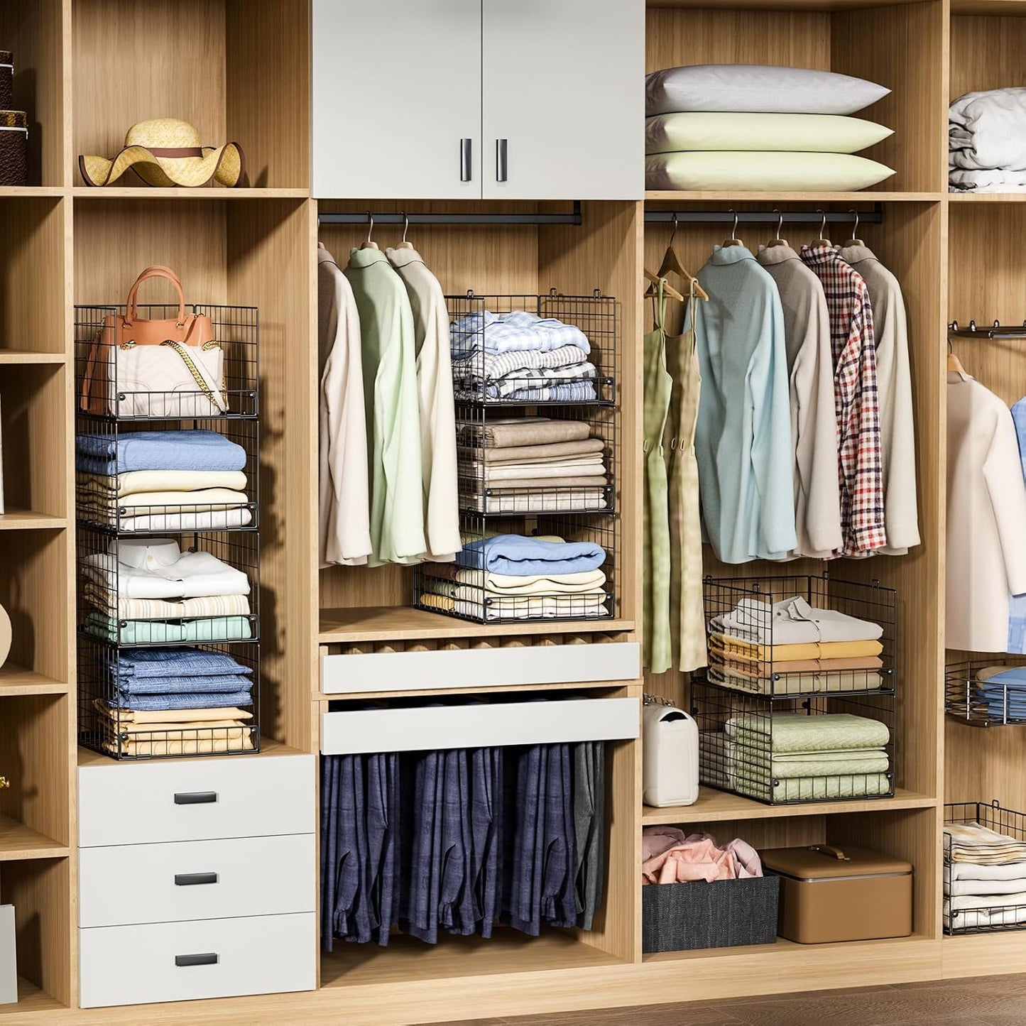 4-Tier Stackable Closet Organizers and Storage Shelves, Foldable Closet Shelf Organizer System, Stackable Storage Bins Drawers for Closet Organizer System, Black(Patent Pending)