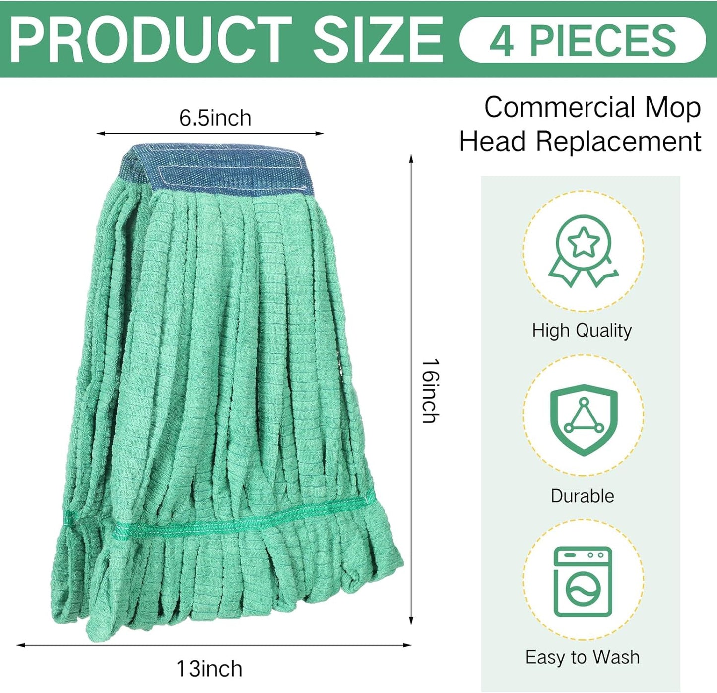 Lallisa 4 Pcs Commercial Mop Head Replacement Tube Microfiber Industrial Looped End Mop Heads Refill for Floor Cleaning for Home Commercial Industrial Use(Large,Green)