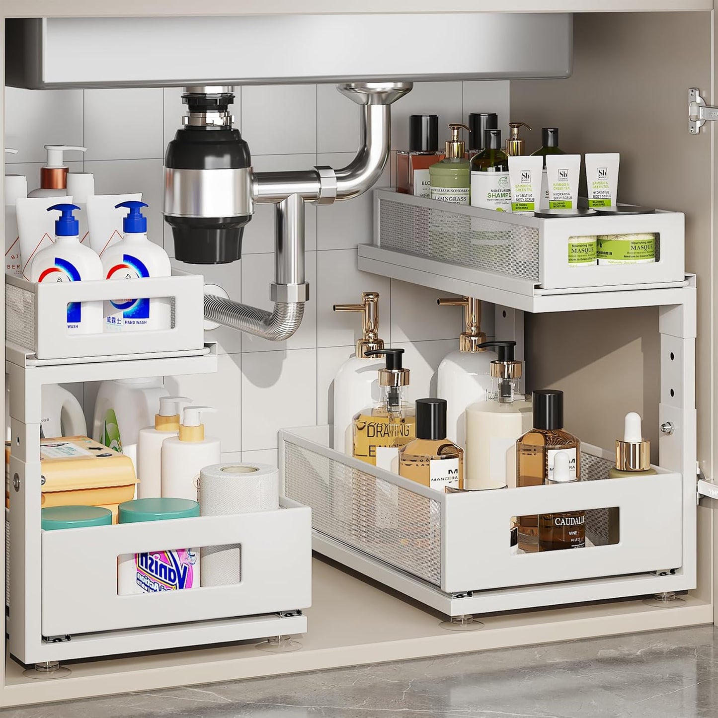 2 Pack Under Sink Organizer With Next-Gen Ball-Bearing Slides,2-Tier Pull Out Cabinet Storage,Height Adjustable Drawer Shelf for Bathroom,Kitchen,Laundry,Cabinet,Pantry(Patent Pending)