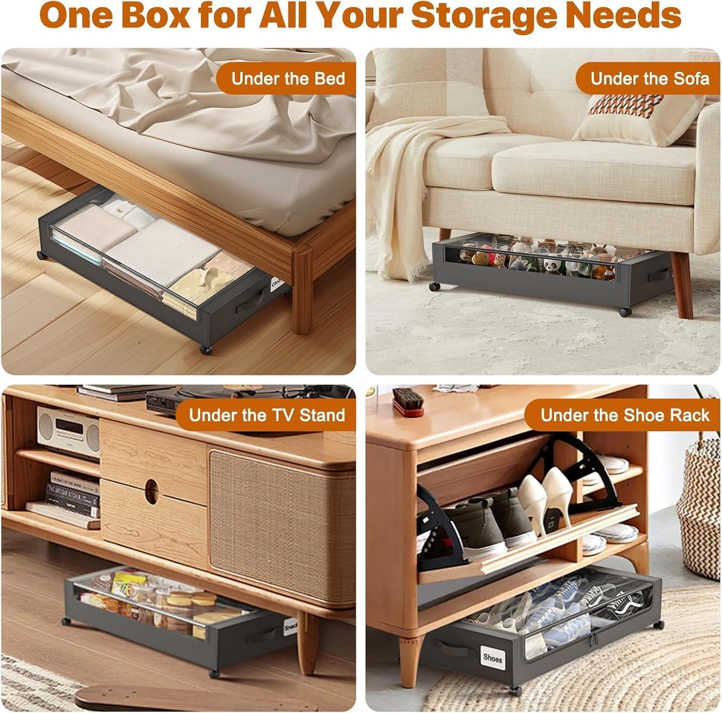 Under Bed Storage with Wheels,Under Bed Storage Containers with Clear Lids, Under-Bed Organizers for Clothes, Shoes – Durable Storage Bins with Smooth Rolling Wheels (Black, 4 Pack)