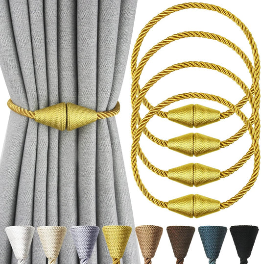 4 Pack Magnetic Curtain Tiebacks Rope Modern Handmade Curtain Tie Backs Decorative Drapes Weave Holdbacks for Window Décor, Gold