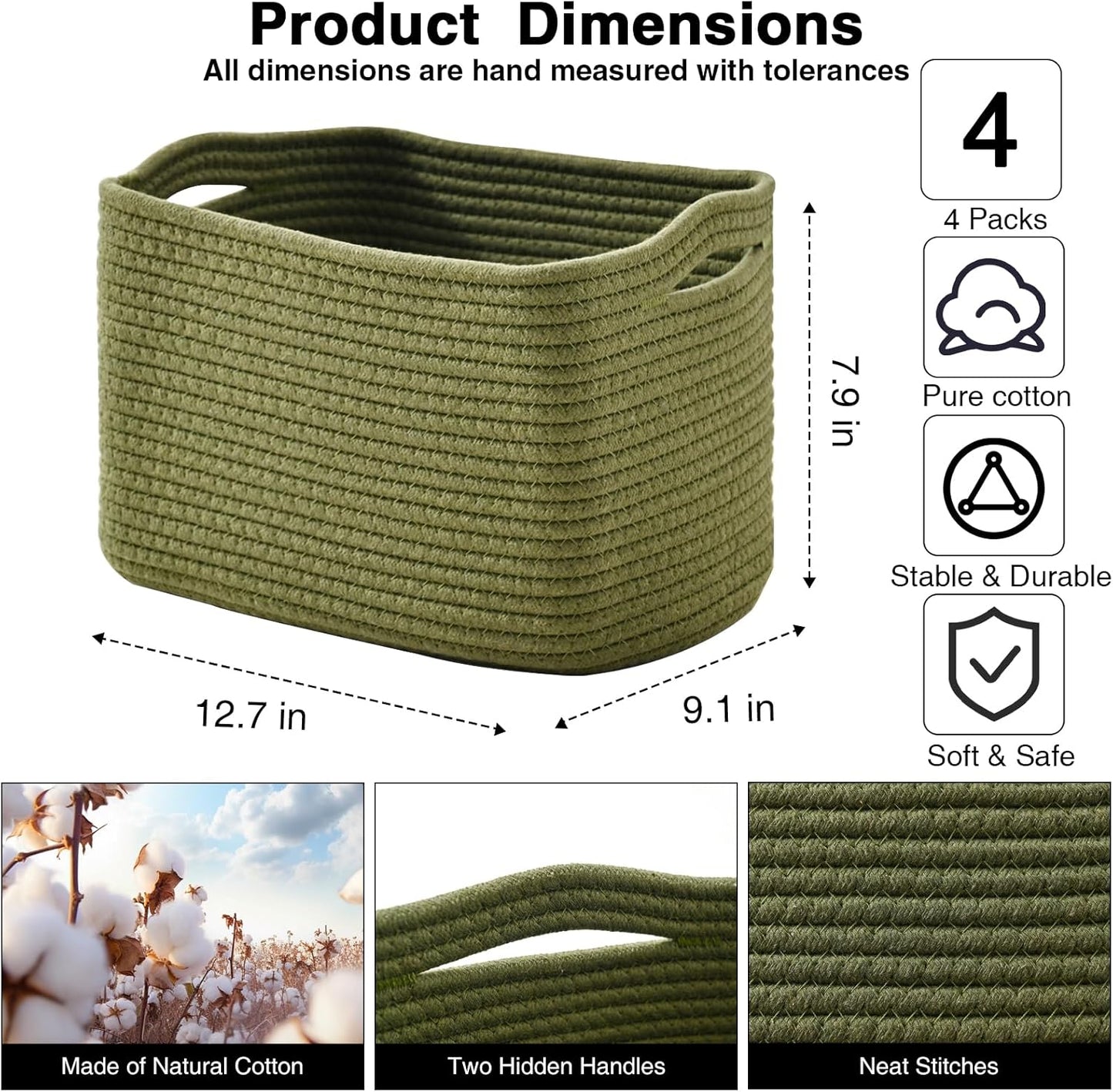 Small Storage Baskets for Organizing, Woven Storage Baskets for Shelves, Cotton Rope Basket for Storage, Cute Rectangular Book Toy Green Basket, 12.7"×9.1"×7.9", 4 Packs, Green