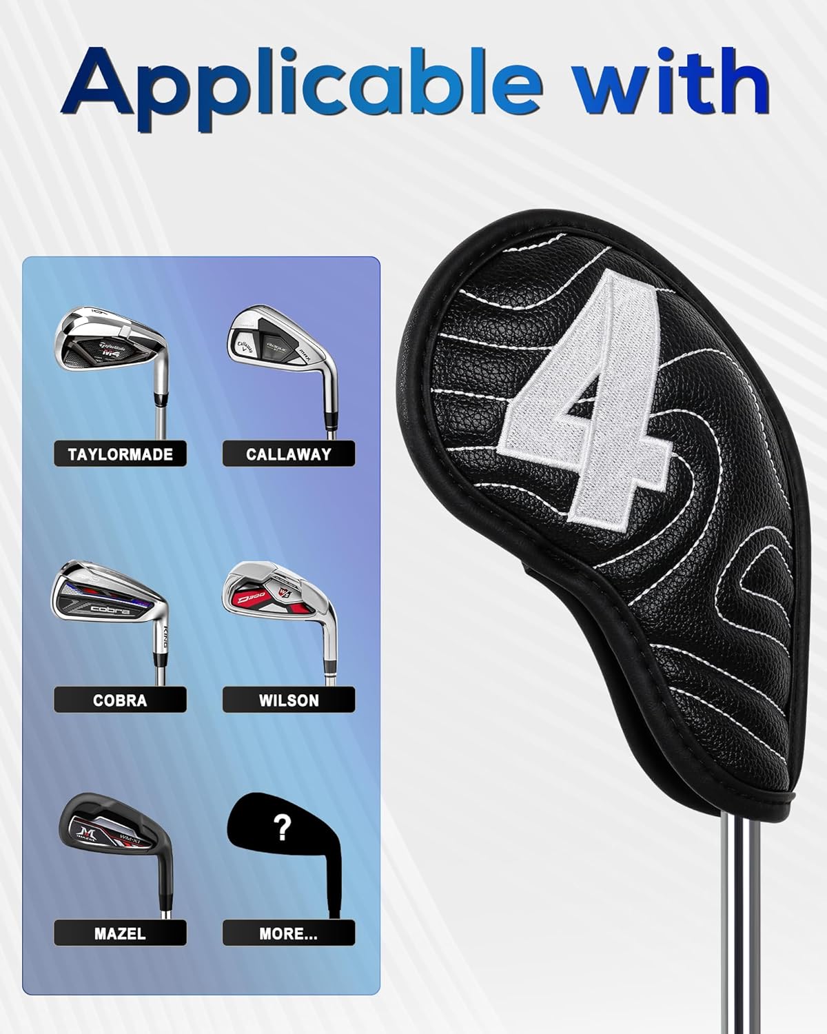 Big Teeth Golf Club Covers Full Set Driver Headcover Fairway Wood Hybrid Golf Club Iron Head Covers, Topographic Edition Putter Cover Leather Golf Head Covers Pure Black, Gifts for Men