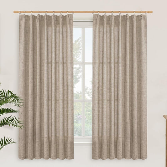 YoungsTex Oatmeal Linen Semi Sheer Curtains 63 Inch Length for Living Room, Light Filtering Window Drapes with Back Tab for Bedroom, 2 Panels, 40 X 63 Inch