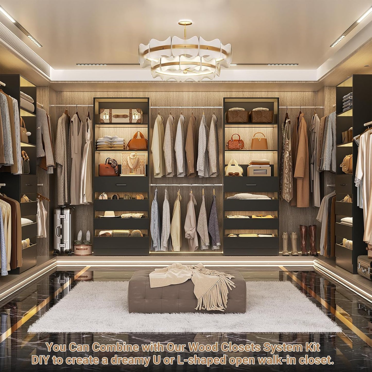 Aheaplus Closet System, 6-15Ft Closet Organizer with 8 Wooden Drawers, Wood Closet Organizer System with Tower, Walk-in Closet Organizer Wardrobe Clothes Rack with 4 Hanging Rods, Garment Rack, 1Black