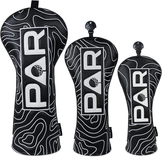 Big Teeth Golf Club Covers Full Set Driver Headcover Fairway Wood Hybrid Golf Club Iron Head Covers, Topographic Edition Putter Cover Leather Golf Head Covers Pure Black, Gifts for Men