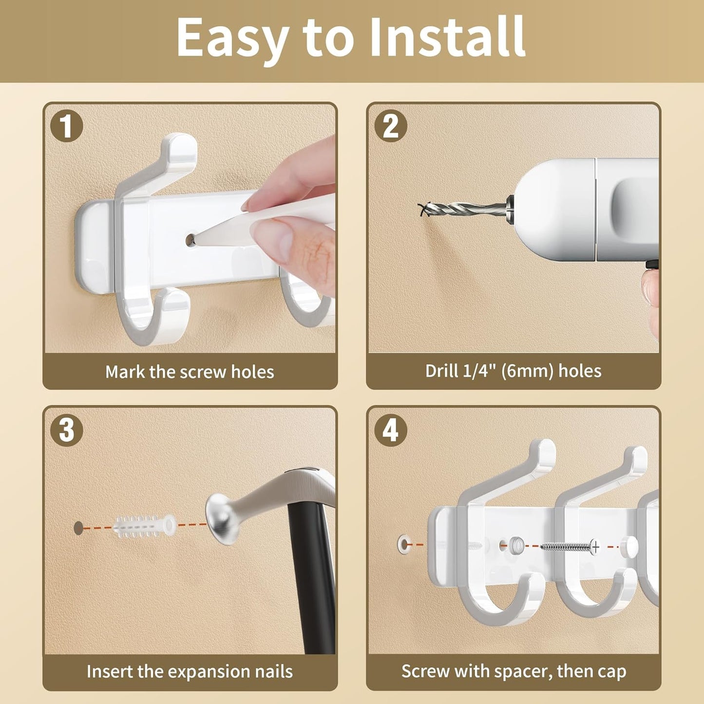 Coat Rack Wall Mounted Heavy-Duty: Metal Coat Hanger 6 Hooks for Hanging Hat, Clothes, Robe, Keys, Backpack, Bathroom Towels, Jacket, Purse - Closet, Door, Entryway, Mudroom (White, 1 Pack)