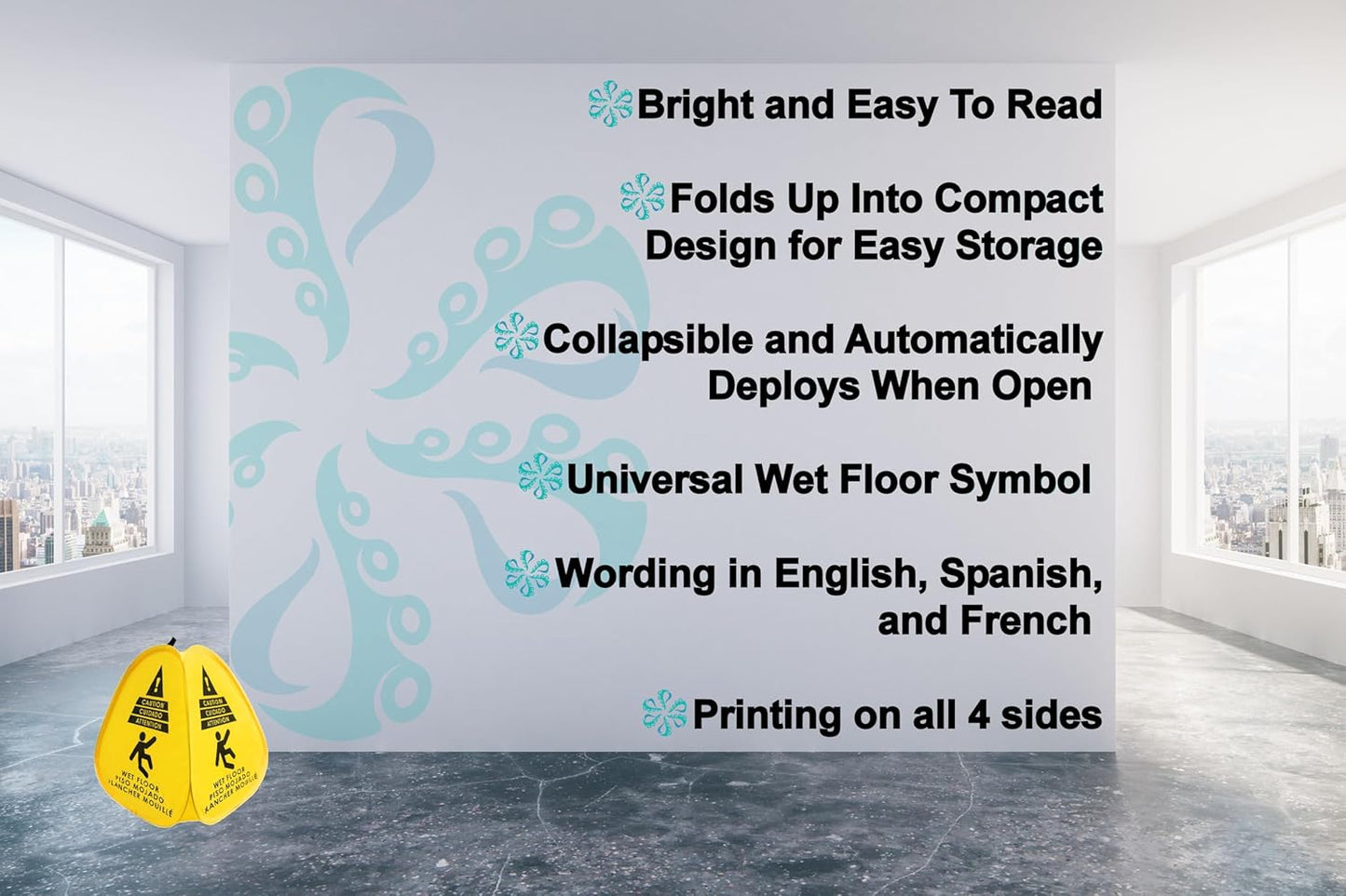 Kraken Sign Co - Pop-up Sign, Yellow 4-Sided Bilingual Trilingual English/Spanish/French Warning, Pop-up Caution Wet Floor Sign 16 inch for Restaurant, Commercial and Industrial Safety. Foldable, Portable, Durable (Yellow, 2 Pack)