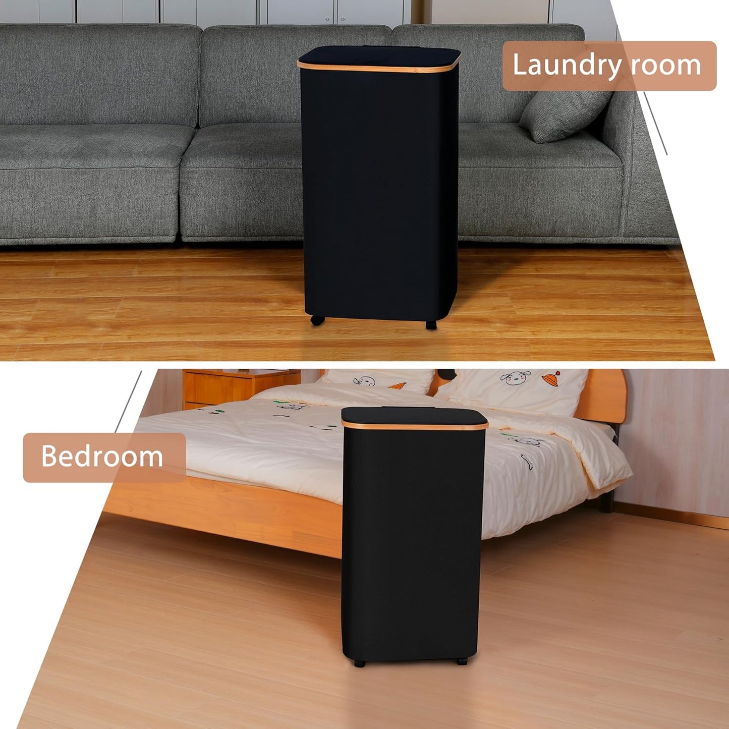 Laundry Basket with Wheels,100L Hampers for Laundry,Black Large Laundry Hamper with Lid and Bamboo Handles,Collapsible & Waterproof Tall Cloth Hamper for Dormitory Family