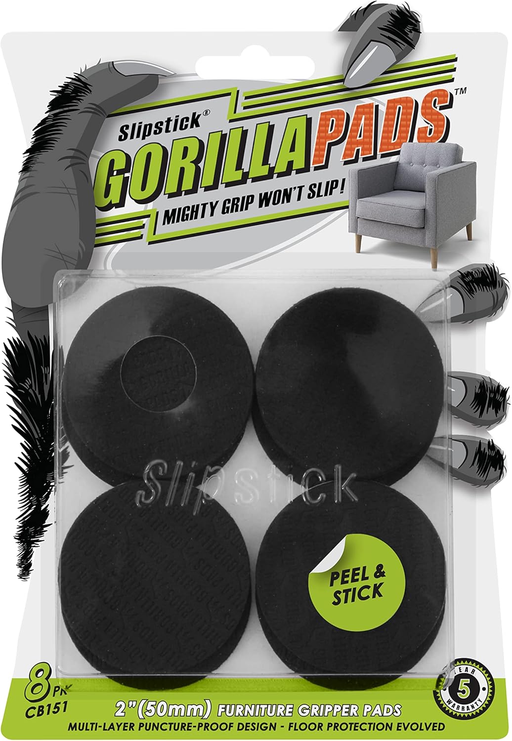 Slipstick GorillaPads Non Slip Furniture Pads/Gripper Floor Protectors (Set of 8) 2 Inch Round Self Adhesive Rubber Stoppers for Furniture Legs, CB151