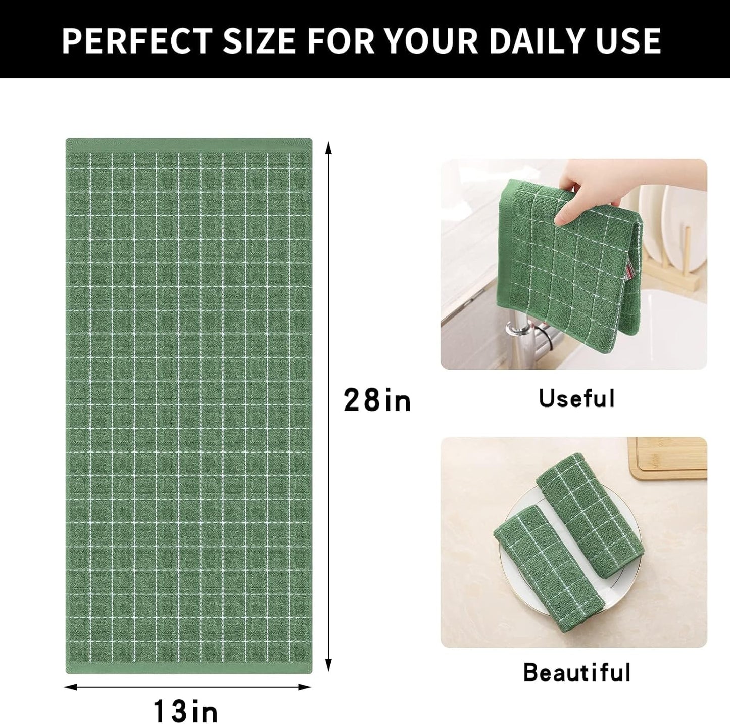 Homaxy 100% Cotton Terry Kitchen Towels(Grass Green, 13 x 28 inches), Checkered Designed, Soft and Super Absorbent Dish Towels, 8 Pack