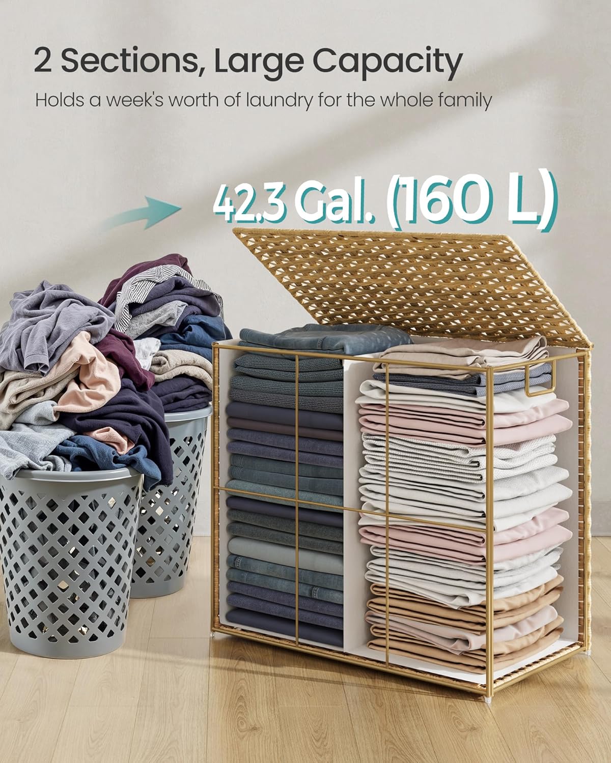 SONGMICS Laundry Hamper with Lid, 42.3 Gallon (160 L) Synthetic Rattan Clothes Laundry Basket with Lid and Handles, Foldable, Removable Liner, Goose Yellow ULCB216Y01