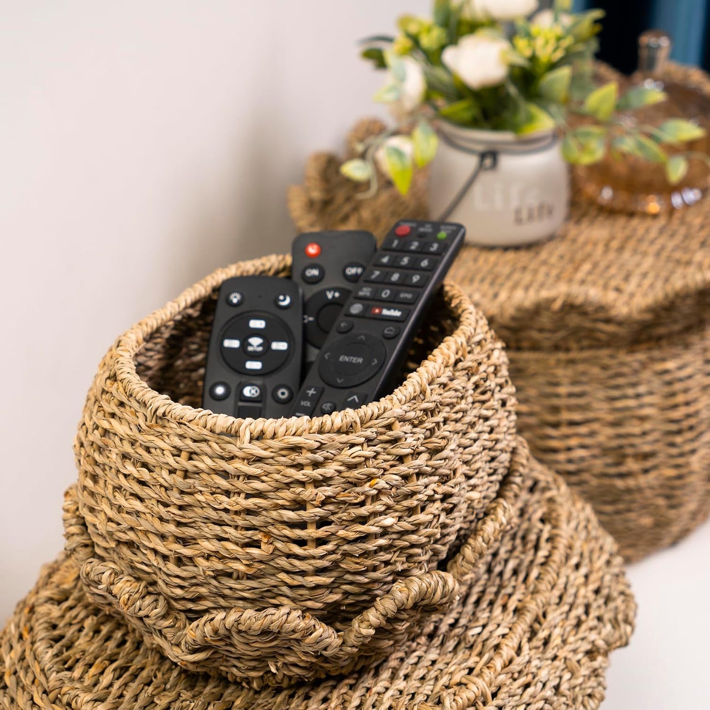 KOLWOVEN Set of 3 Wicker Storage Baskets with Lid - Decorative Handwoven Rattan Baskets for Organizing, Small Hyacinth Storage Boxes with Scalloped Edges, Natural Woven Storage Bins with Lids