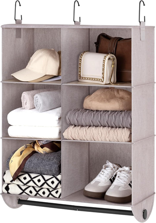StorageWorks Hanging Closet Organizer with Metal Rod, 6-Section Closet Organizers and Storage, Collapsible Hanging Shelves for Wardrobe Organizer, Nursery, Bedroom, Light Khaki