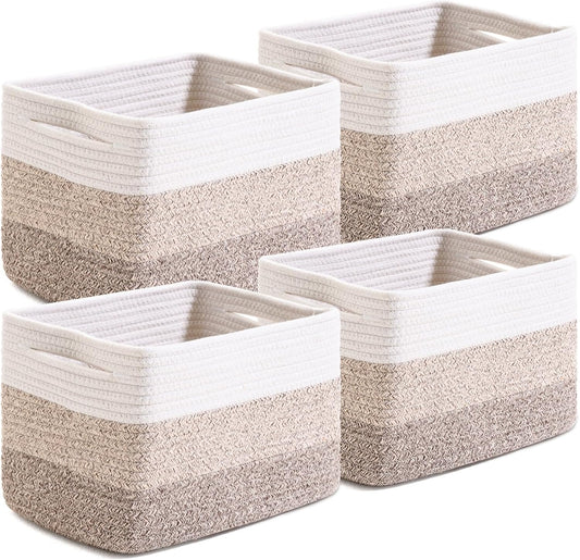 Small Storage Baskets for Organizing Shelves, Woven Cotton Rope Basket for Storage, Cute Rectangular Book Toy Baskets, 12.7"×9.1"×7.9", 4 Packs, Gradient Brown
