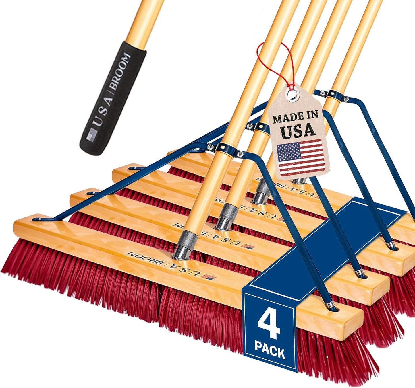 4 Pack Bundle- 24" Soft Sweep Indoor Push Broom with 60" Handle. Ideal for Epoxy & Polished Floors. Durable American Made Steel Brackets-Stainless Steel Hardware. No Plastic. 100% Made in The USA