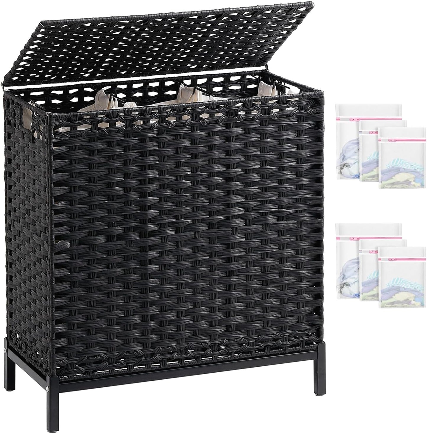 Laundry Hamper with Lid 132 L, (35 Gallons) Clothes Hamper with Lid, Handwoven Rattan Laundry Hamper with Metal Heightened Feet, Laundry Hampers with 3 Removable Liner Bags for Laundry-Black