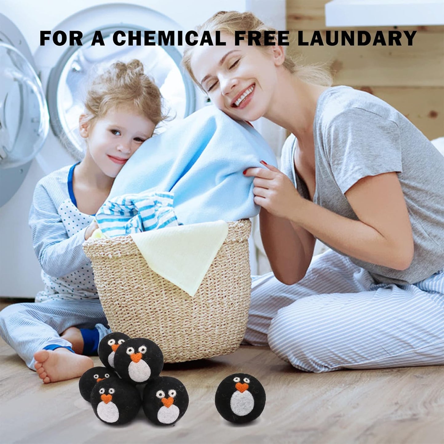 Pack of 6 Wool Dryer Balls, Muulaii Reusable Fabric Softener, Extra Large, Black Penguin