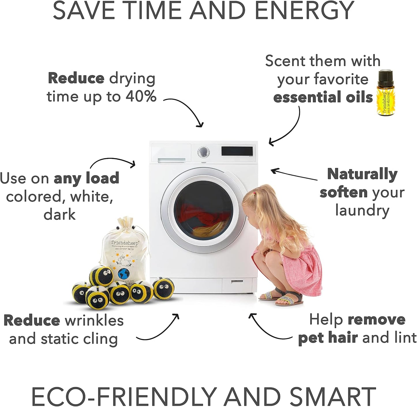 Friendsheep Wool Dryer Balls 6 Pack XL Organic Premium Reusable Cruelty Free Handmade Fair Trade No Lint Fabric Softener Honey Bee Bumblebee - Busy Bees