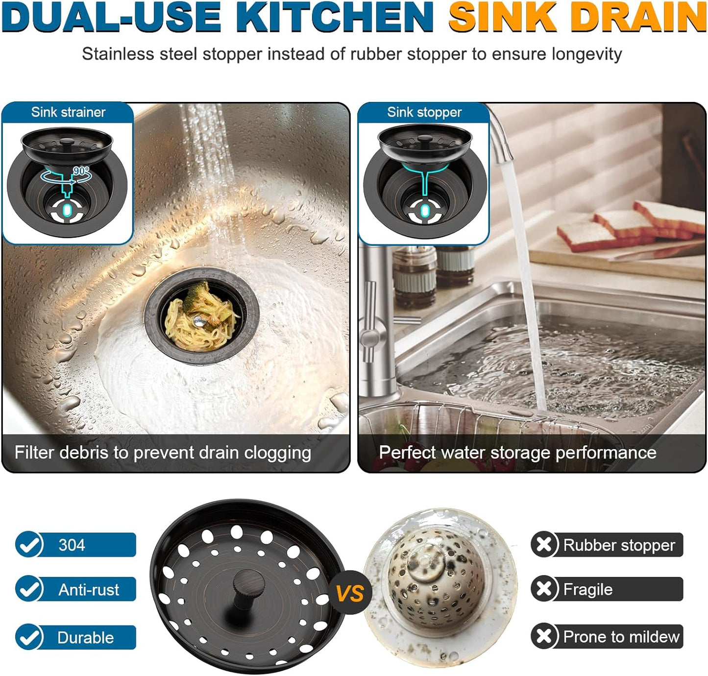 BOTEMY Stainless Steel Bronze Sink Drain Strainer Kit 3-1/4 inch Kitchen Drain Assembly with Metal Center Knob Basket Stopper Replacement for Standard Kitchen Sinks, Oil Rubbed Bronze