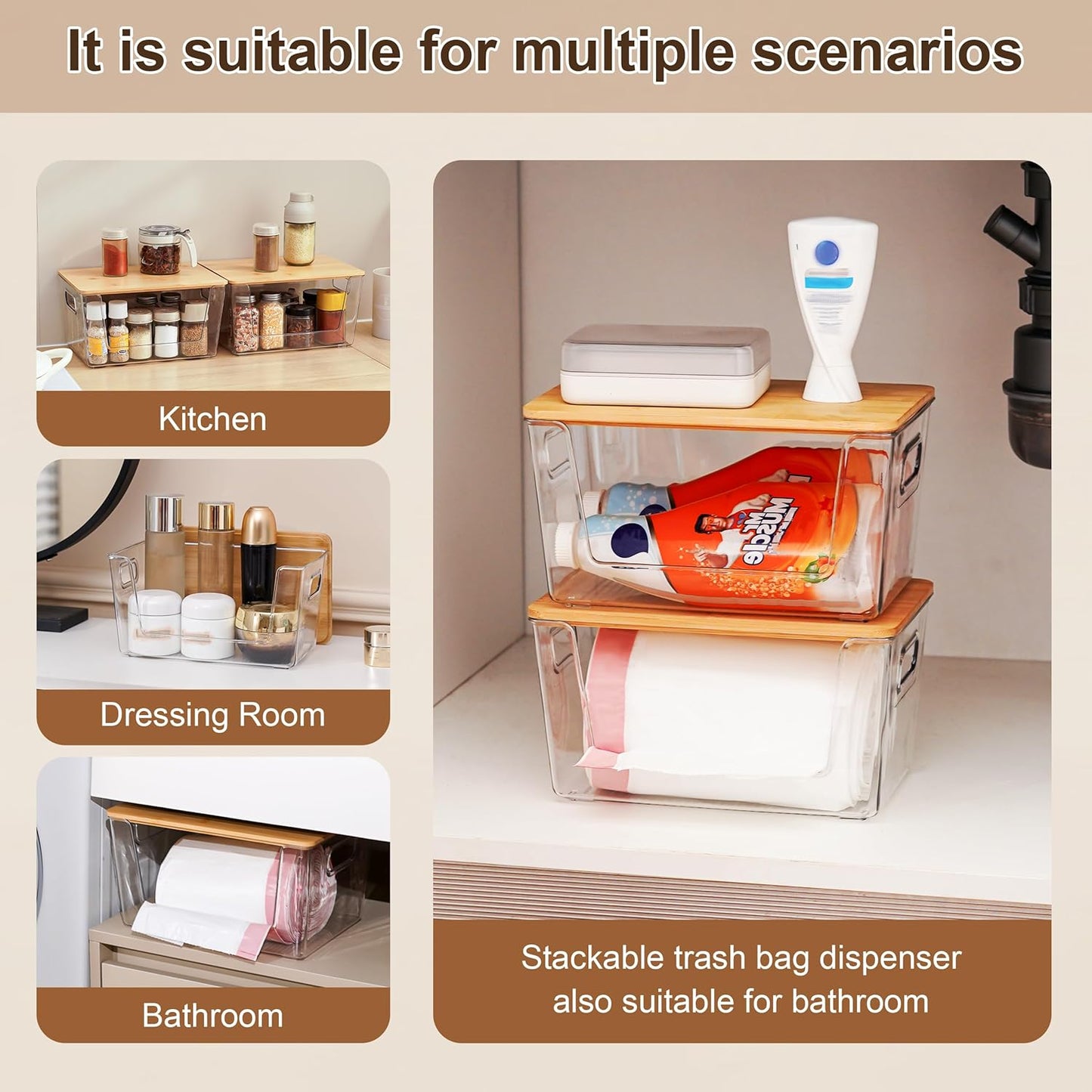 Citylife 2-Pack Extra Large Trash Bag Holders with Bamboo Tops and Handles, Laundry Room Organization and Storage for Home, Kitchen, Under-Sink Garbage Bag Dispenser