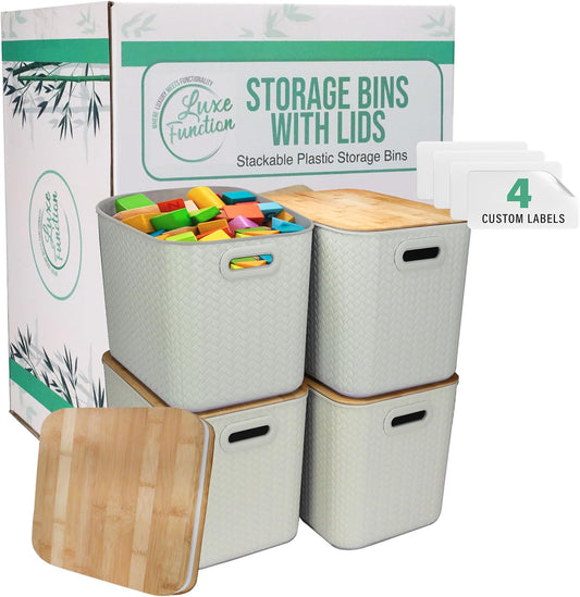 Storage Bins with Bamboo Lid – Stackable, Multi-Purpose Organizers for Pantry, Closet, Kitchen, and Home – Elegant Wicker-Style Design with Ergonomic Handles (Cream)
