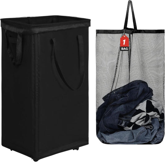 DOKEHOM 90L X-Large Laundry Basket with Removable Wash Bag on Wheels, Collapsible Rolling Laundry Hamper, Foldable Clothes Organizer, Folding Washing Bin (Black)