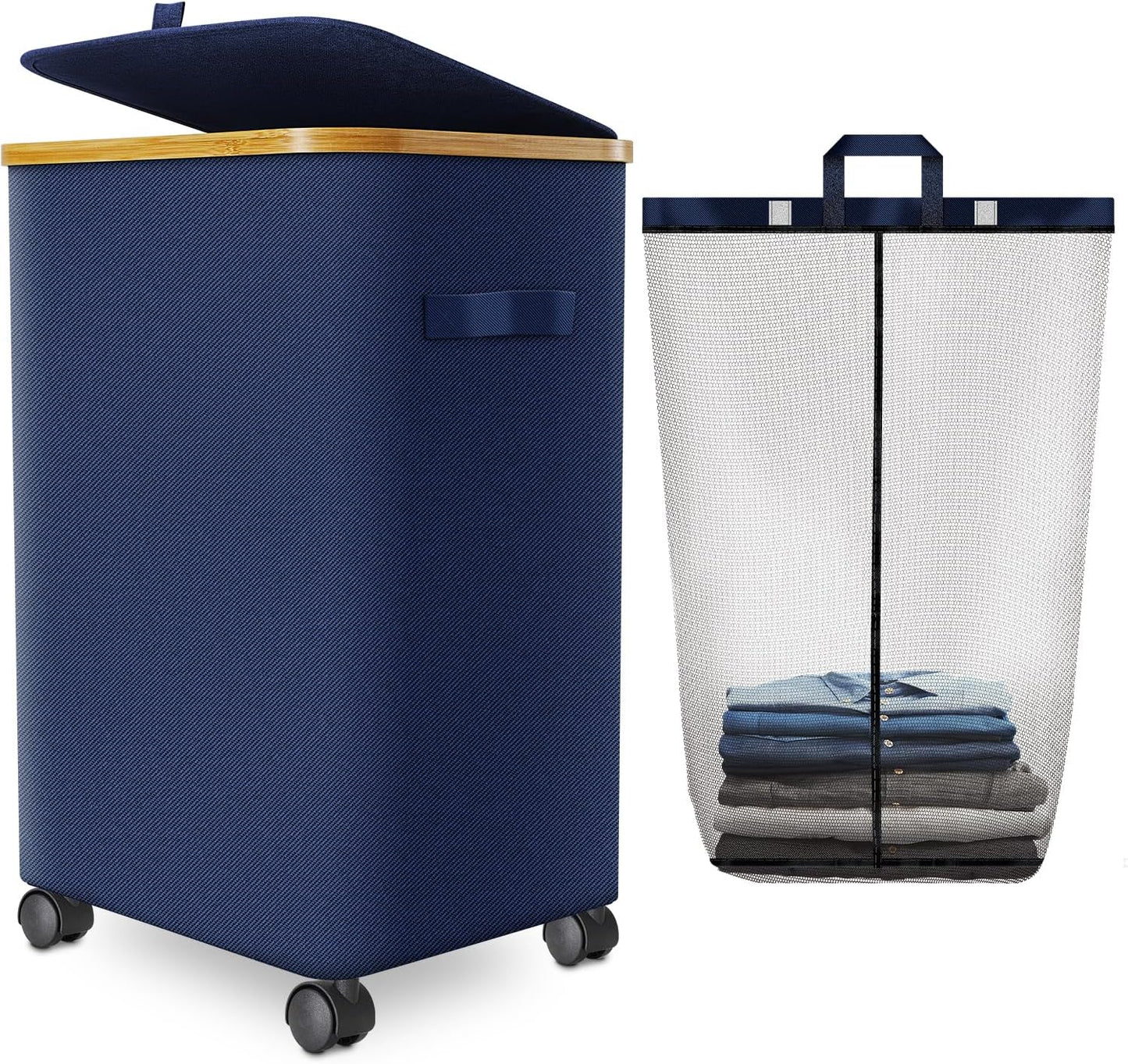 Laundry Hamper with Wheels,20 Gal (75L) Laundry Basket with lid Rolling Clothes Hamper Foldable Dirty Clothes Basket on wheels with Bamboo Frame and Bag for Bedroom, Dorm, Laundry Room-Blue