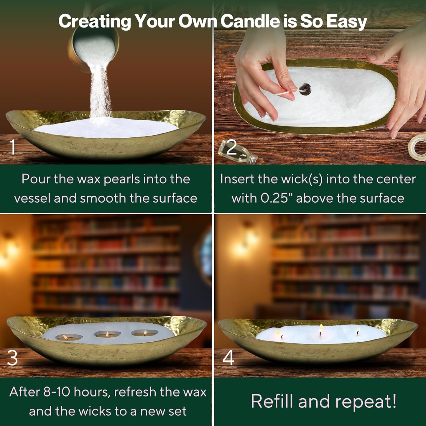 LILY LADUE Candle Refill Kit - 2Lb/32Oz Pearled Candles Sand and Wicks (48) and Hammered Gold Holder, Reusable Unique Sand Candles with Wicks for Candle Making, Bulk Unscented Pearl Wax Beads