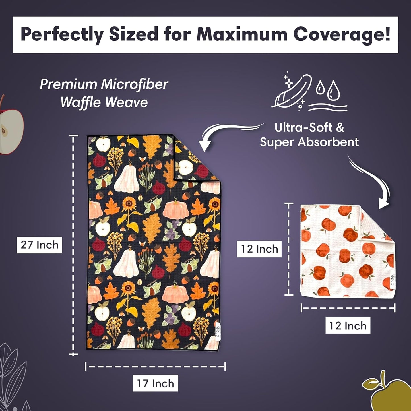 Microfiber Hand Towel & Washcloth Set of 2 - Double-Sided, Waffle Weave, Super Absorbent, Lint-Free, Fast Drying - Jonny & Gather Pattern for Bathroom, Kitchen, Car, and Window Cleaning