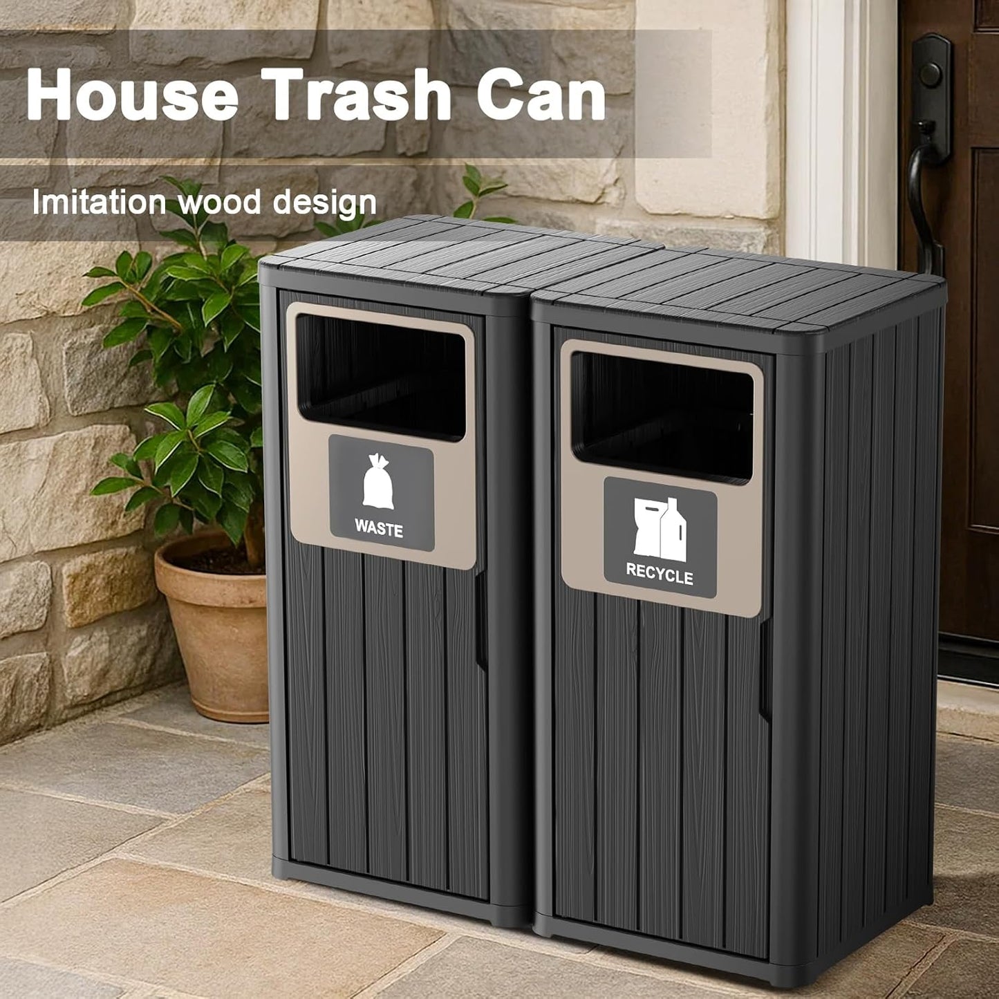 Outdoor Double Barrel Trash Can,Waterproof Resin Garbage Can with Garbage Labels,Durable Waste Bin for Porch, Backyard,Kitchen,for 30 to 39 Gallon Trash Bags