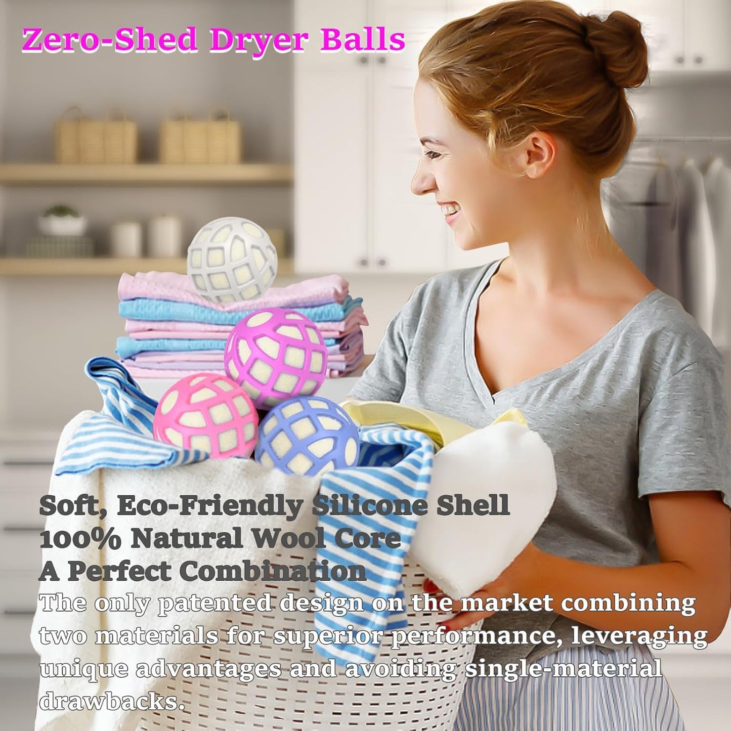 Dryer Balls – Patented Silicone Guard, Natural Wool Core, Super Anti-Tangle & Saves Drying Time, Reduces Static & Noise, Natural Fabric Softener, XL 3" (Pink Light Blue, Pack of 4)