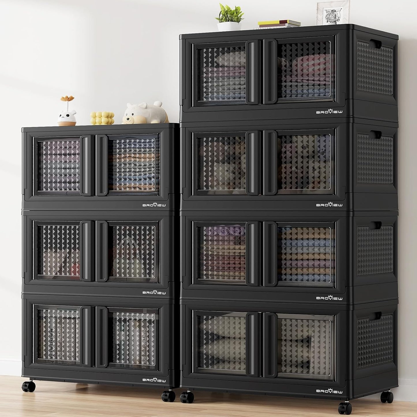 BROVIEW 140Gal Stackable Storage Bins with Lids & Wheels, 560Qt Plastic Collapsible Closet Organizer and Storage Drawers, Storage Boxes Cabinets for Home, Office, 7 Pack, Black