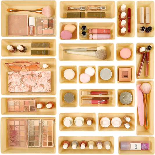 Vtopmart 25 PCS Plastic Drawer Organizers Set, 4-Size Versatile Bathroom and Vanity Drawer Organizer Trays, Storage Bins for Makeup, Bedroom, Kitchen Gadgets Utensils and Office