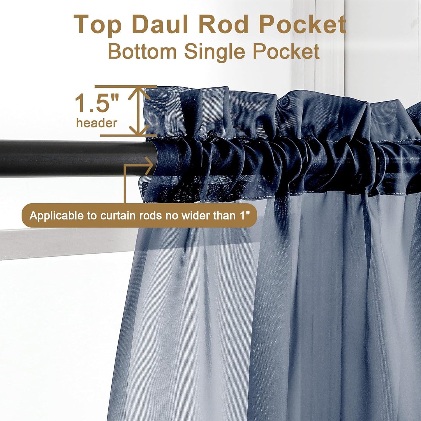 Chyhomenyc Navy Blue Sheer Curtains 30 inch Length 2 Panels, Light Filtering Voile Rod Pocket Short Window Curtians for Bathroom Living Room Farmhouse Small Windows, 42Wx30L inches