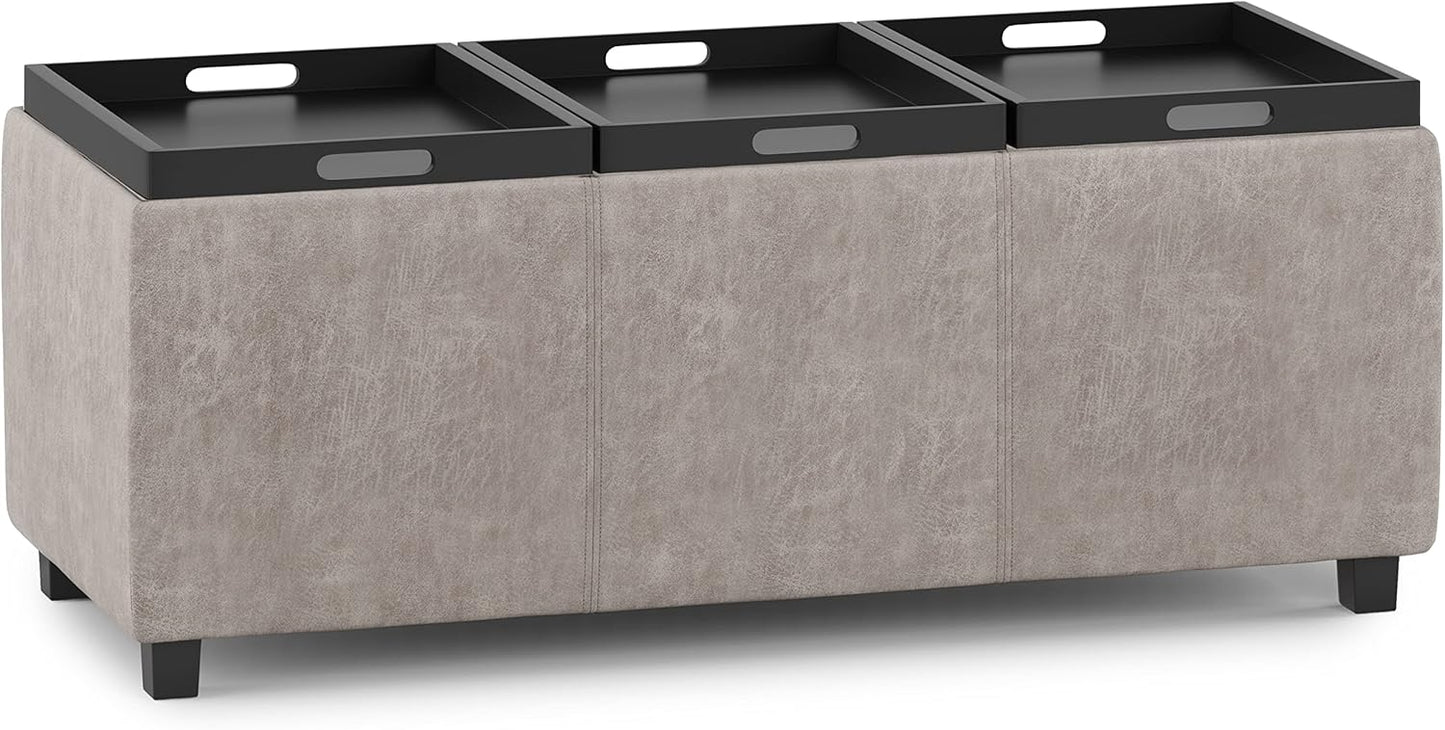 SIMPLIHOME Avalon 42 inch Wide Contemporary Rectangle Storage Ottoman in Distressed Grey Taupe Vegan Faux Leather, Assembled, for the Living Room, Entryway and Family Room