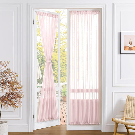Tollpiz Sheer Door Curtains Closet Linen Textured Curtains Sheer Doorway Light Filtering Voile Rod French Door Pocket Curtain Patio Glass Door, 25 x 72 inches Long, Pink, Set of 1 Panel