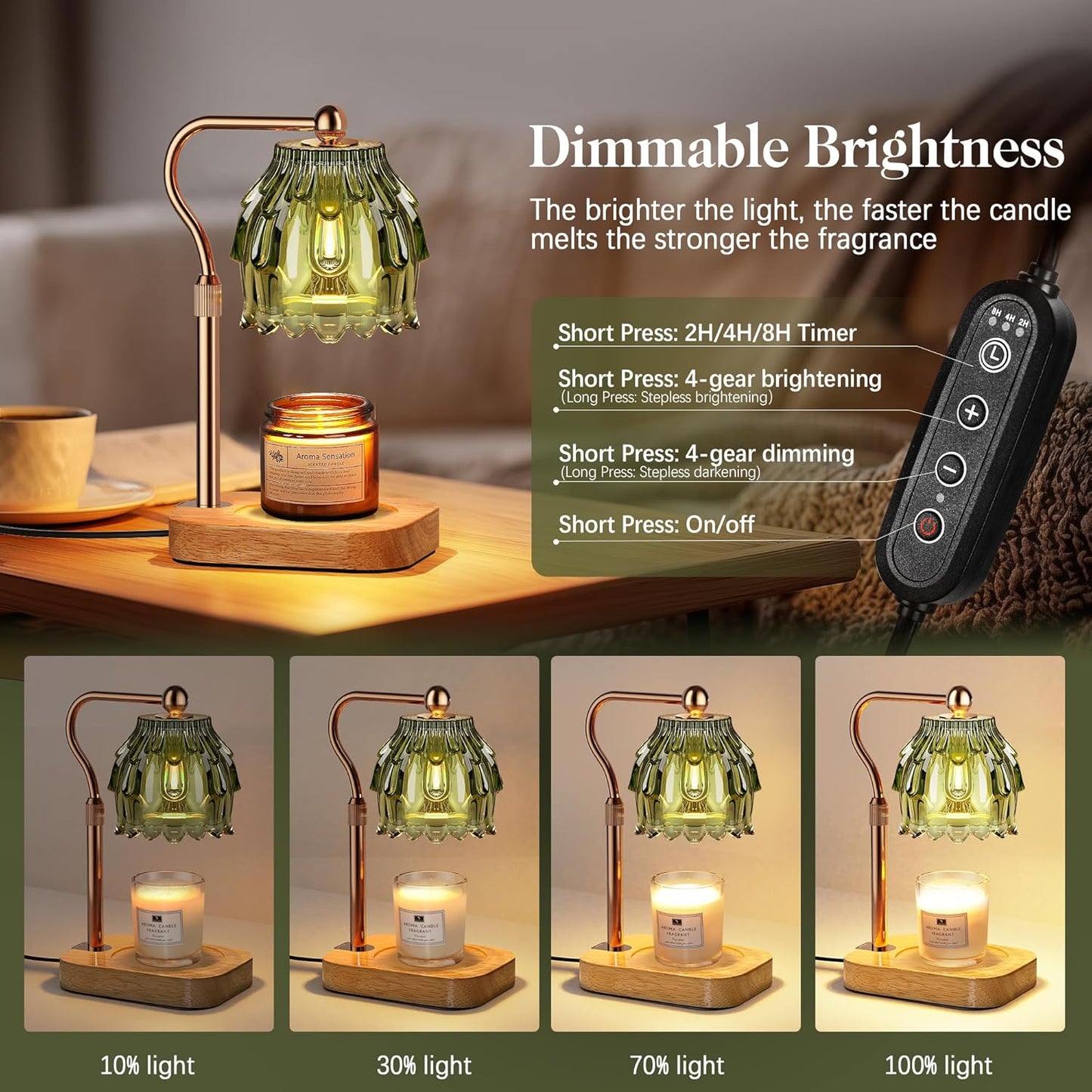 Candle Warmer Lamp with Timer Dimmer, Modern Wax Warmer for Scented Wax Jar Candle Warmer with 2 Bulbs, Adjustable Height Glass Lamp for Gifts for Women, House Warming Gifts, Home Decor, Gold Green